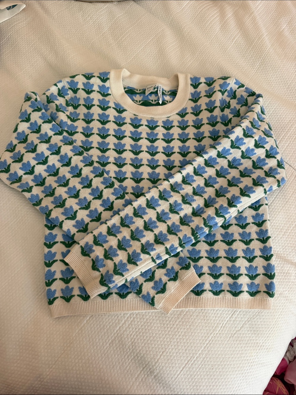 Cream Floral Pattern Crewneck Sweater - Women's
